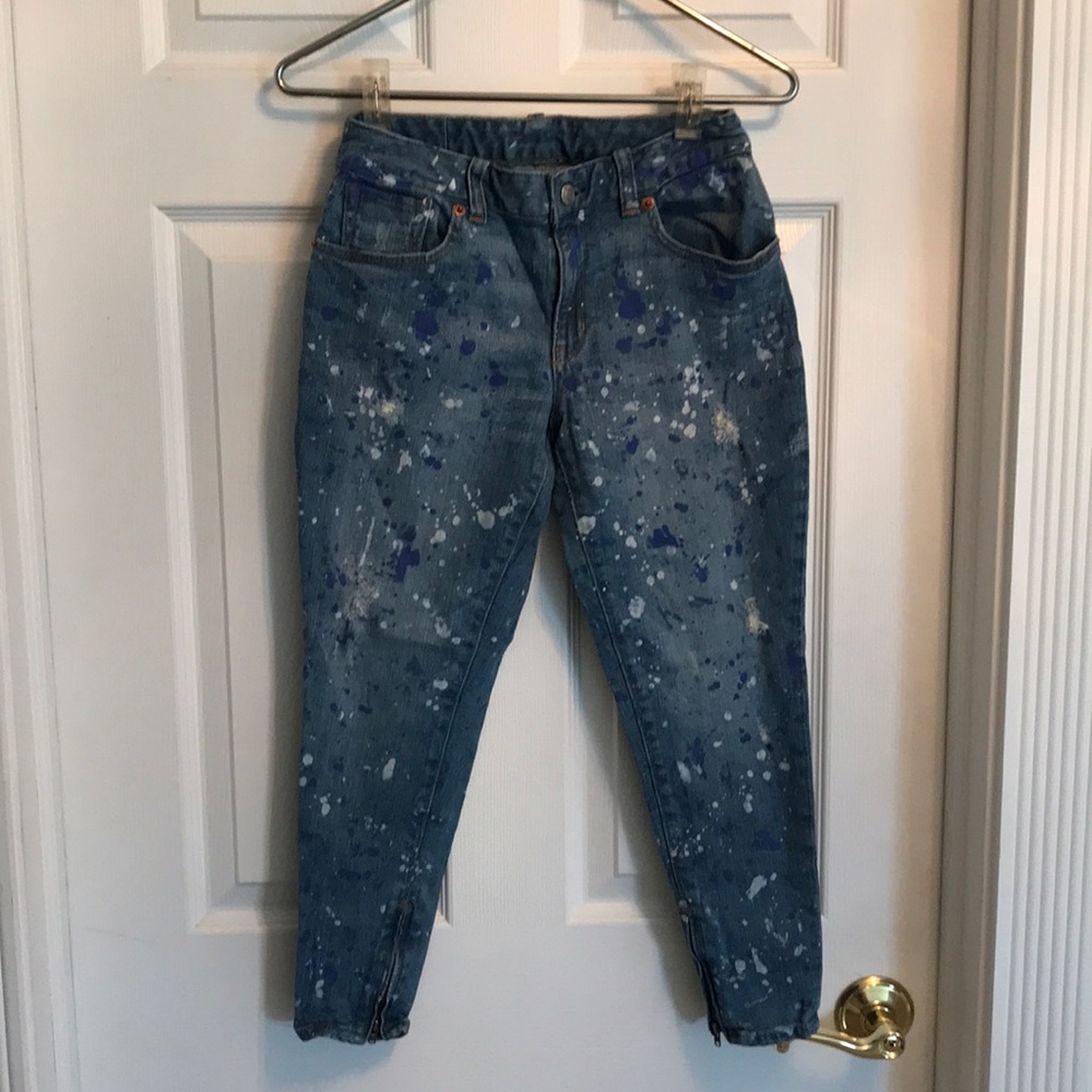 Cropped, distressed, paint spattered RL jeans